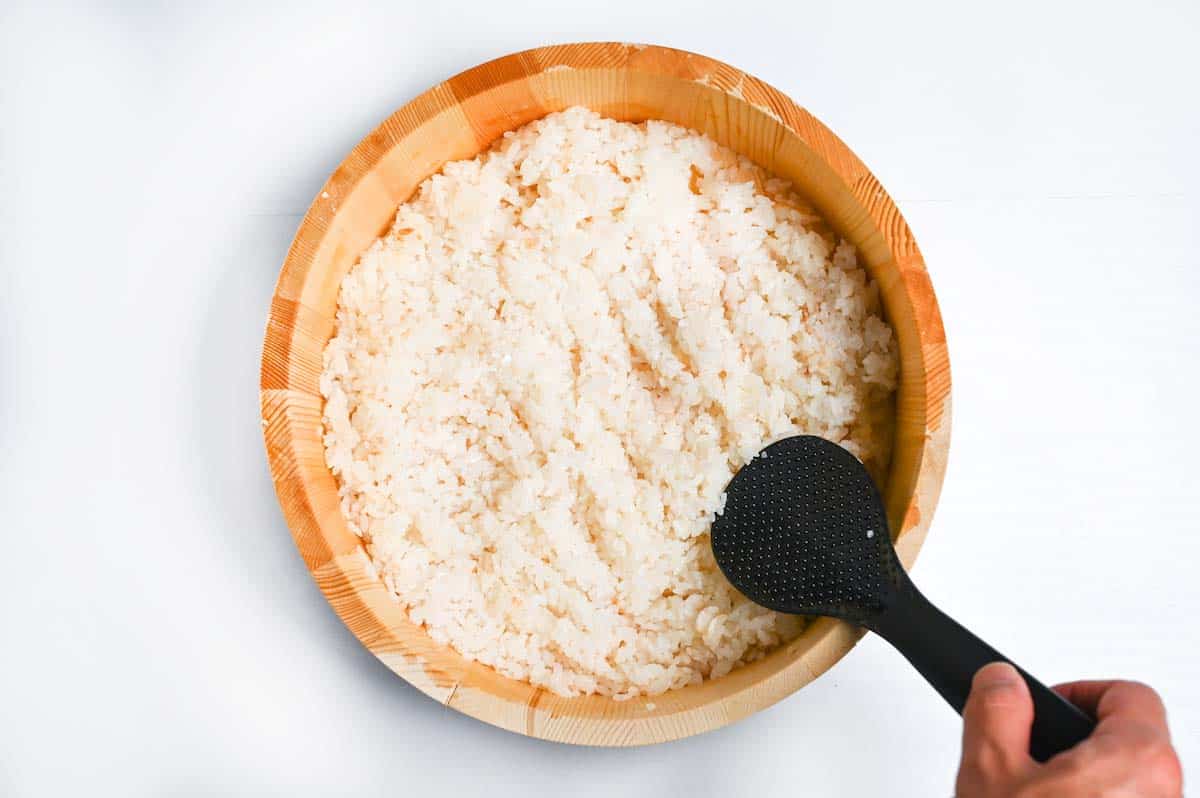 Mixing sushi vinegar into cooked rice