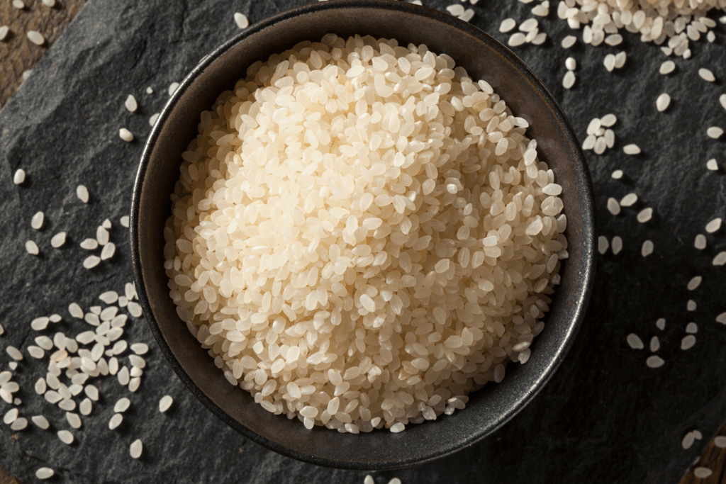raw short grain rice in a bowl