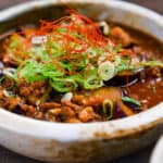 Mabo Nasu in a rustic bowl with rice, wooden spoon and scattered red chili peppers close up