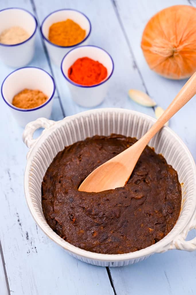 Homemade Japanese curry roux paste in a white dish with spices