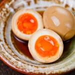 Ramen eggs with soft yolk close up