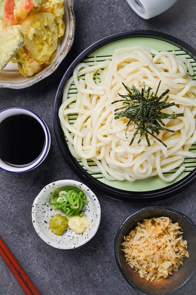 Udon noodles served on a Japanese 