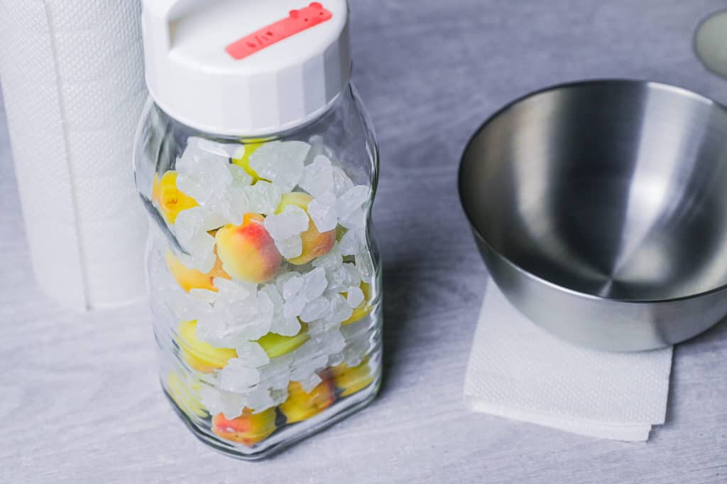 Ume and rock candy layered up in a jar