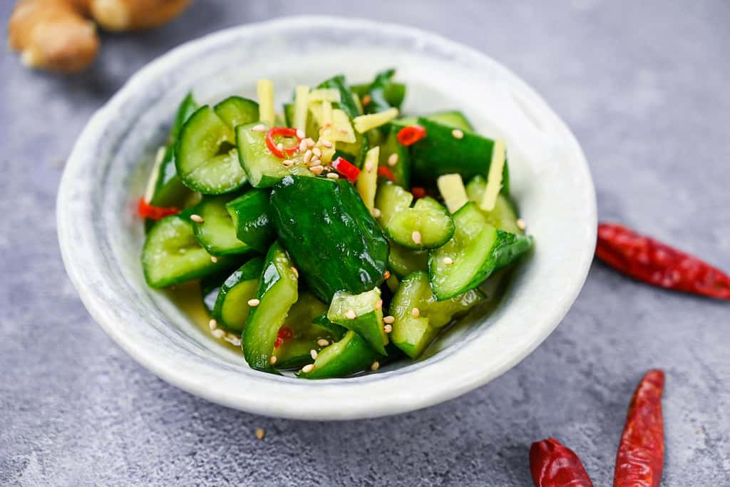 Japanese pickled cucumbers with ginger and chili side view