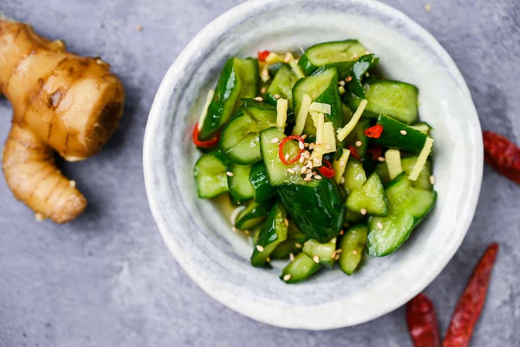 Japanese pickled cucumbers with ginger and chili top down