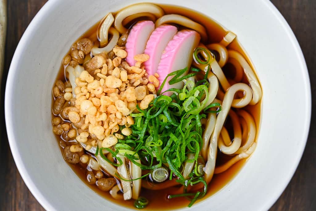 Kake udon noodle soup close up