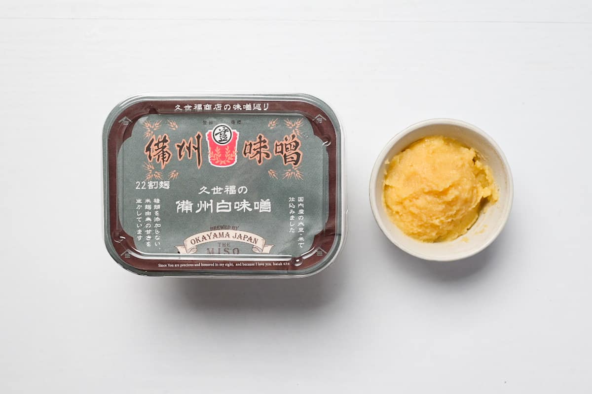 white miso paste (packaged and in a small white bowl)