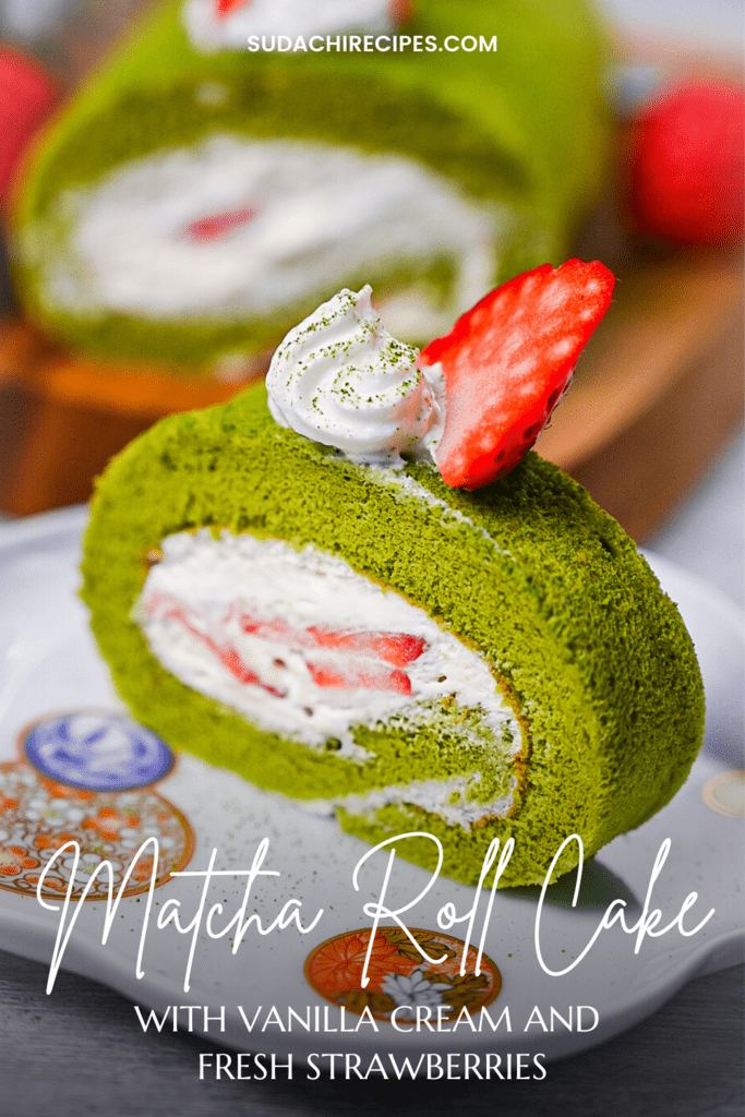 Matcha roll cake with fresh cream and strawberries