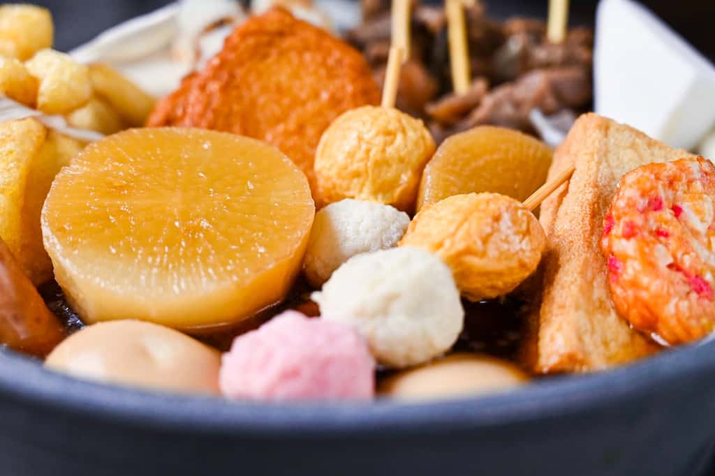 Oden made with a variety of fishcakes, tofu, meat, eggs and daikon radish