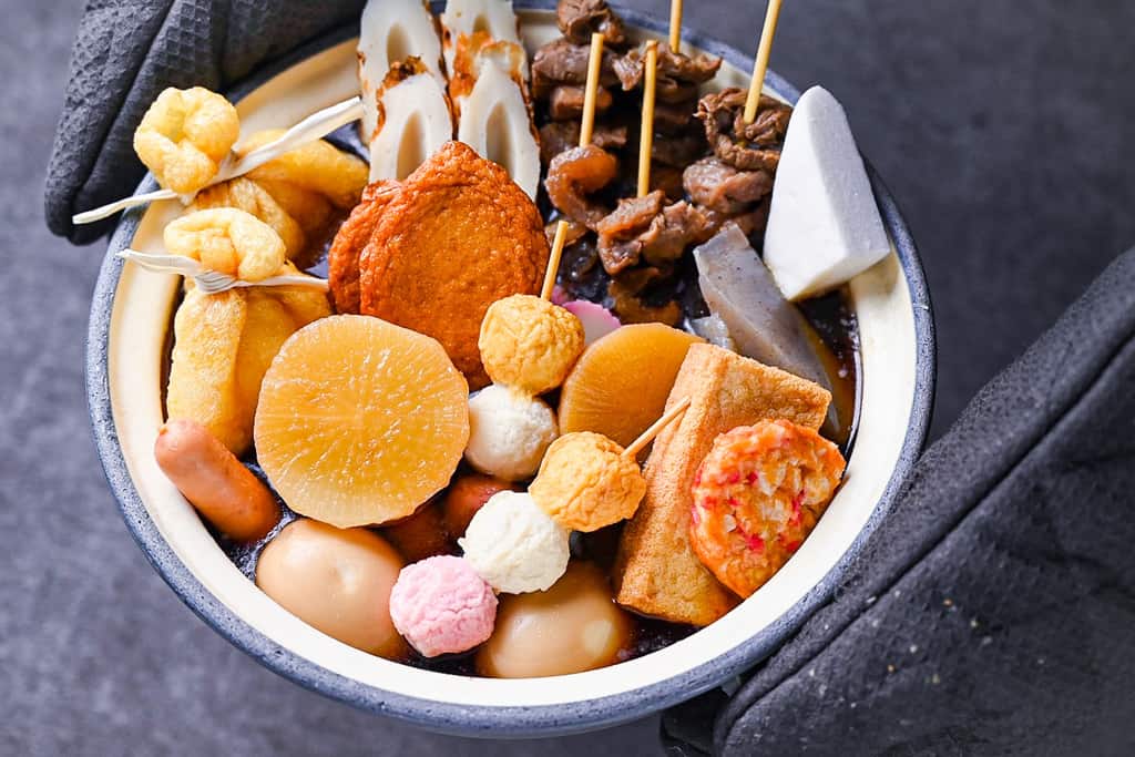 Oden made with a variety of fishcakes, tofu, meat, eggs and daikon radish