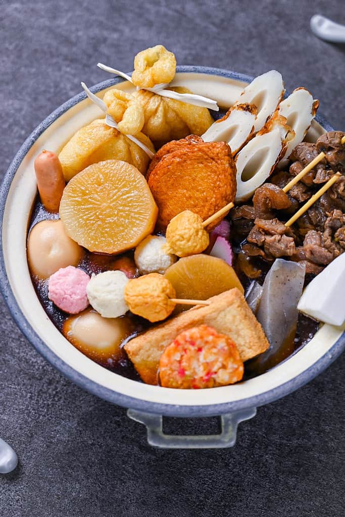 Oden made with a variety of fishcakes, tofu, meat, eggs and daikon radish