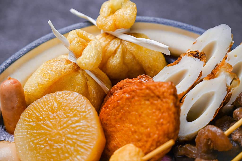 Oden made with a variety of fishcakes, tofu, meat, eggs and daikon radish