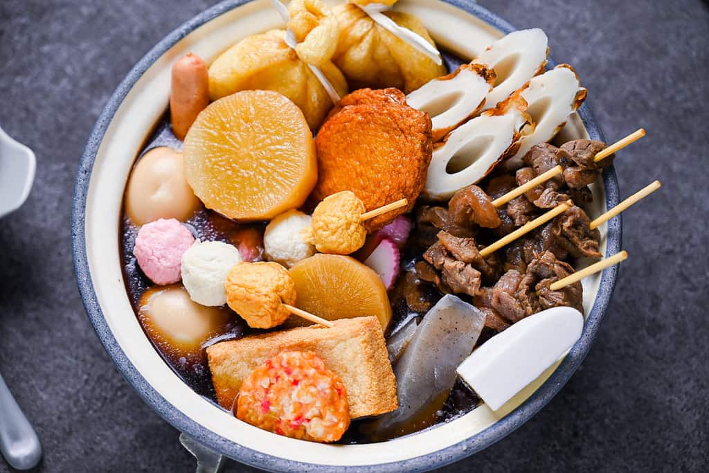 Oden made with a variety of fishcakes, tofu, meat, eggs and daikon radish