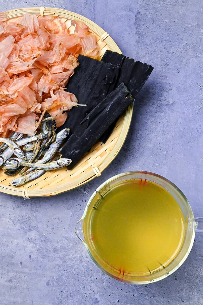 Dashi stock and dashi ingredients top down