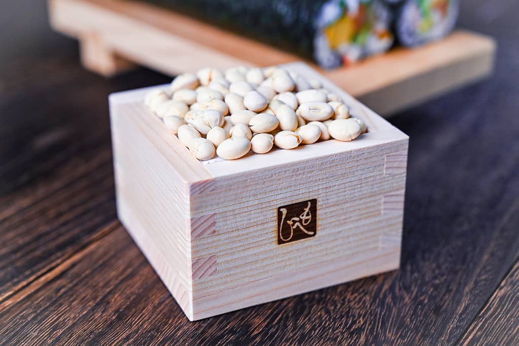 Roasted soy beans in a wooden box