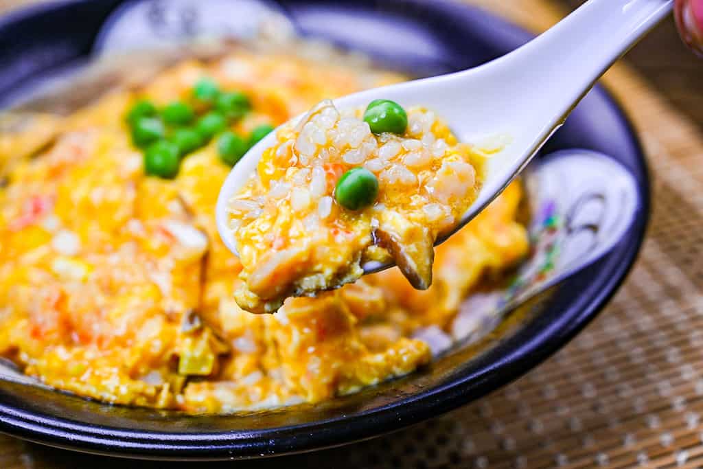 Tenshinhan - Crab meat omelette on rice on spoon