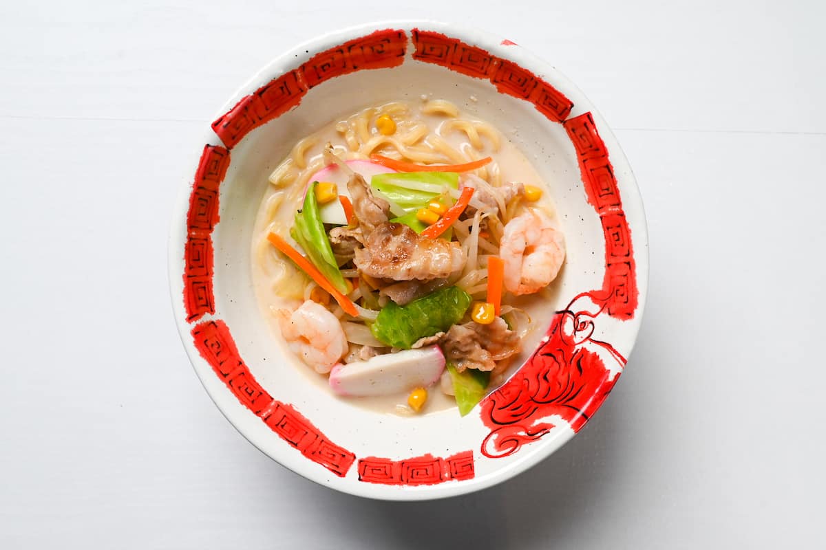 Nagasaki Champon in a red and white ramen bowl