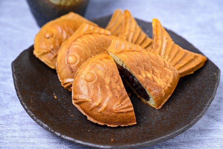 Taiyaki cut in half to show red bean filling