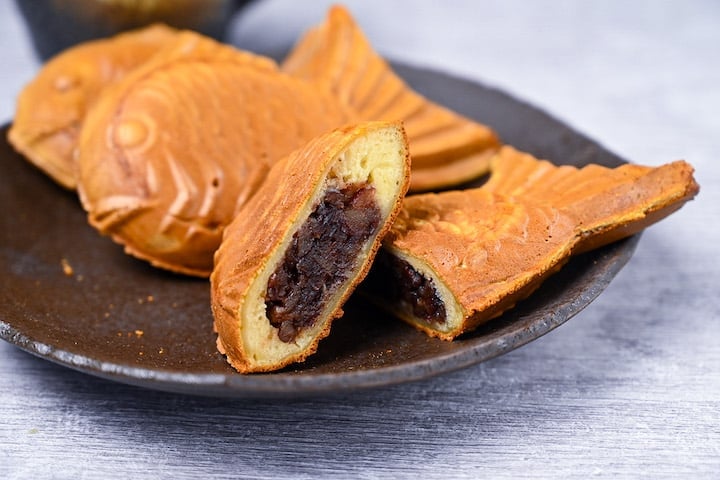 Taiyaki cut in half to show red bean filling