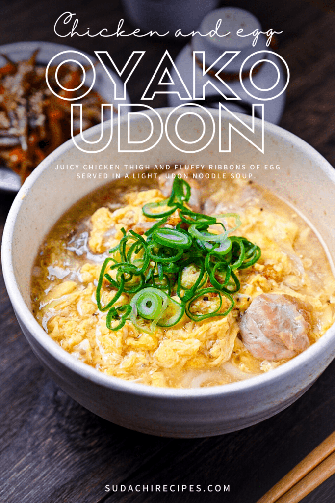 Oyako udon chicken and egg udon noodle soup topped with green onions