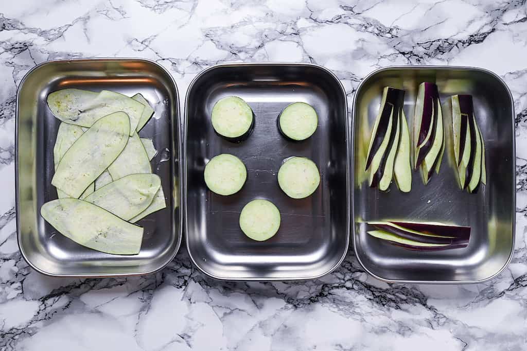 3 ways to cut eggplant for tempura (thin slices, thick rounds and fans)