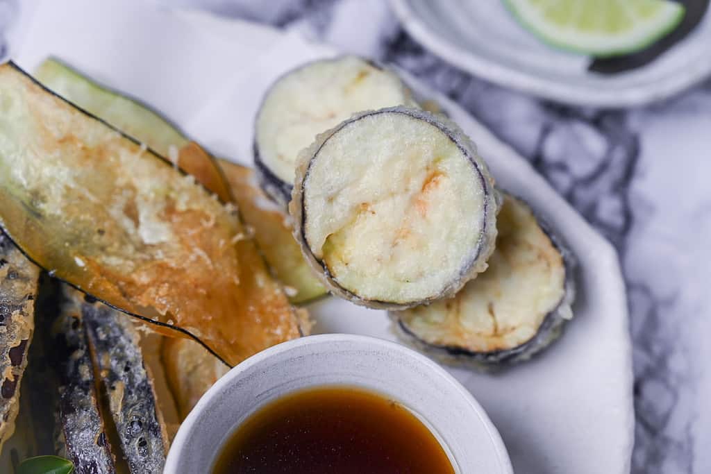 Eggplant cut into rounds and fried in tempura batter