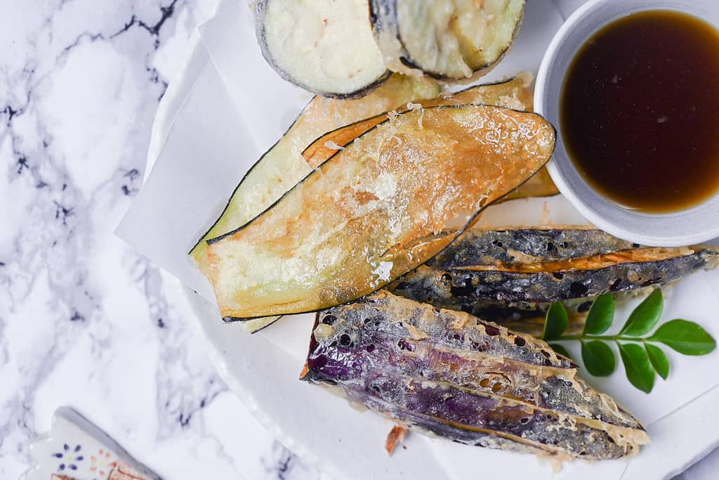 Thin slices of eggplant deep fried with tempura batter