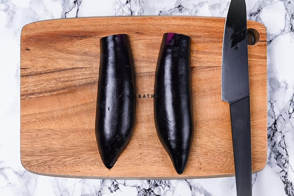 Slice eggplant in half lengthways