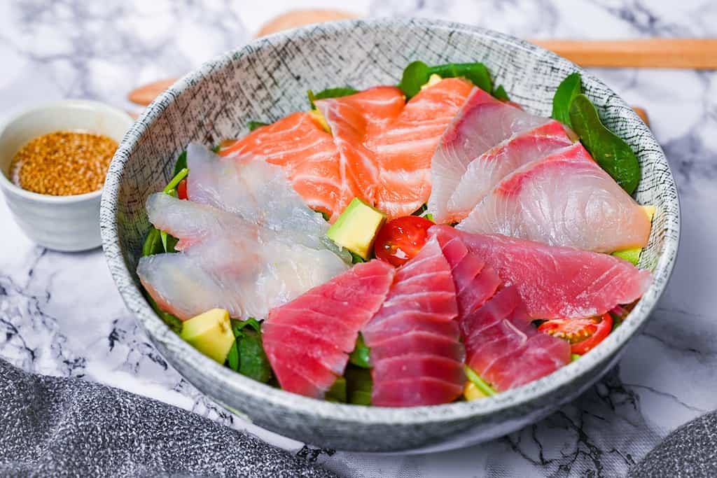 Sashimi Salad with homemade Japanese wafu dressing on the side