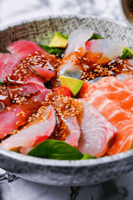 Sashimi Salad drizzled with homemade Japanese wafu dressing featured img