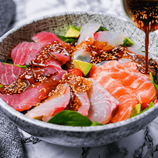 Sashimi Salad drizzled with homemade Japanese wafu dressing featured img