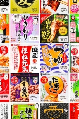 a collage of Japanese natto packaging