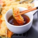 Kabocha tempura dipped in homemade tentsuyu tempura dipping sauce