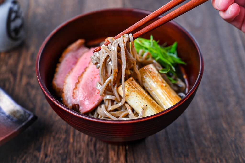 Japanese Duck Soba (kamo nanban soba) with chopsticks