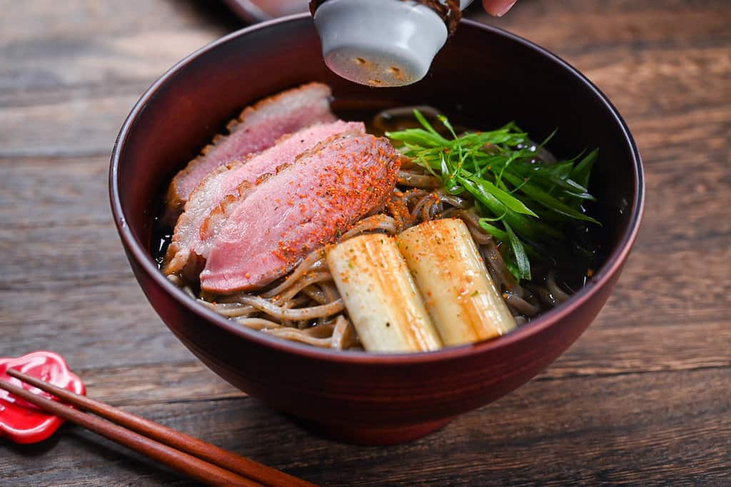 Japanese Duck Soba (kamo nanban soba) sprinkled with shichimi