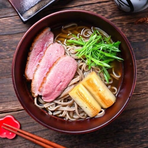 Japanese Duck Soba (kamo nanban soba) served with spring onion