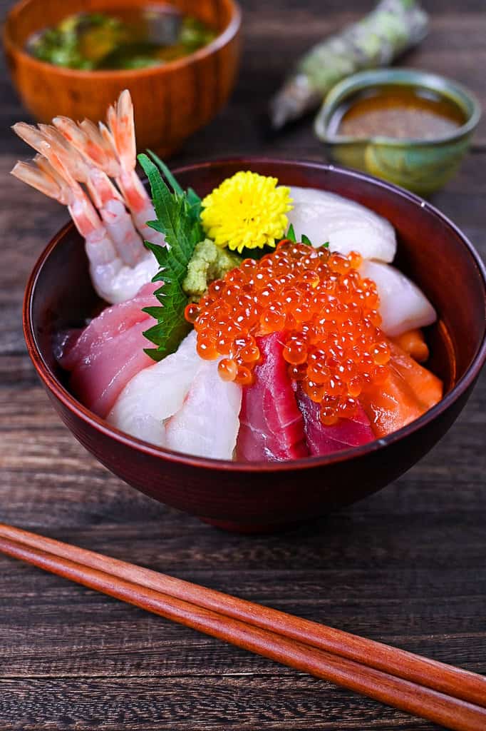 Kaisendon made with sashimi grade salmon, tuna, scallops, red snapper, sweet shrimps and ikura.