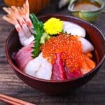 Kaisendon made with sashimi grade salmon, tuna, scallops, red snapper, sweet shrimps and ikura.