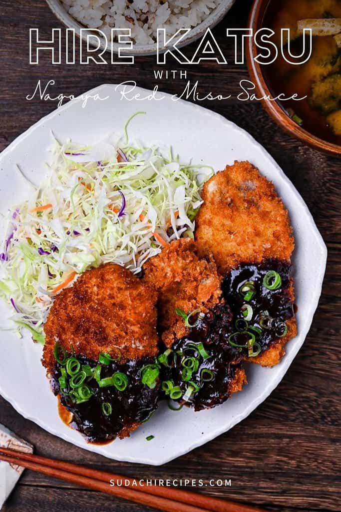 Hire katsu (breaded pork medallions) with Nagoya red miso sauce, shredded cabbage, miso soup and rice