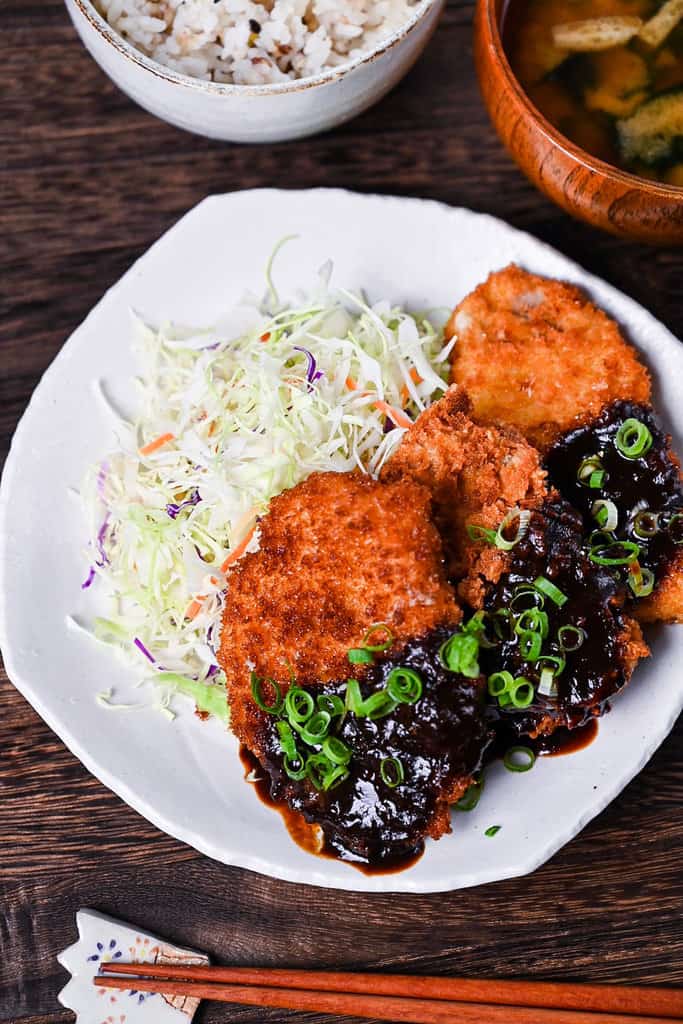 Hire katsu (breaded pork medallions) with Nagoya red miso sauce, shredded cabbage, miso soup and rice