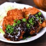 Hire katsu (breaded pork medallions) with Nagoya red miso sauce and shredded cabbage