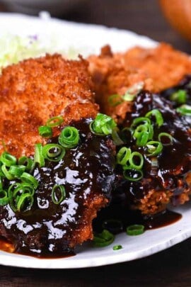Hire katsu (breaded pork medallions) with Nagoya red miso sauce and shredded cabbage