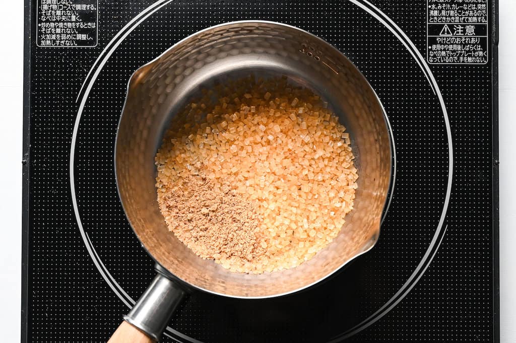 turbinado sugar and dark brown sugar in a pan to make unagi sauce