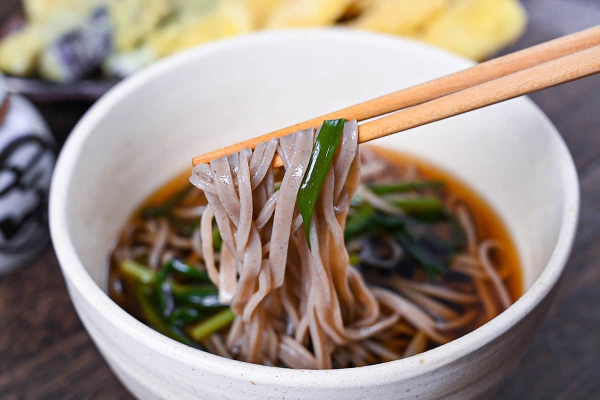 kake soba soup in a white bowl topped with spring onion