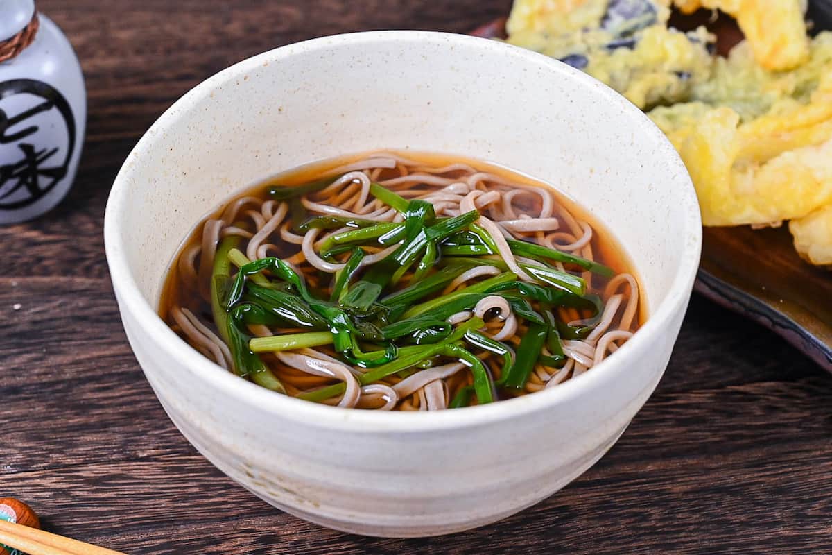 kake soba soup in a white bowl topped with spring onion