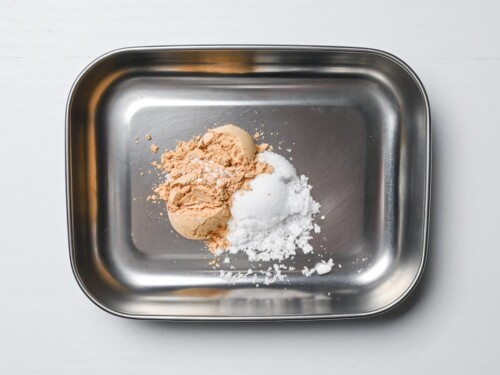 kinako powder, caster sugar and salt in a silver container