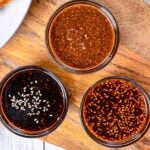 3 kinds of tonkatsu sauce in small glass bowls