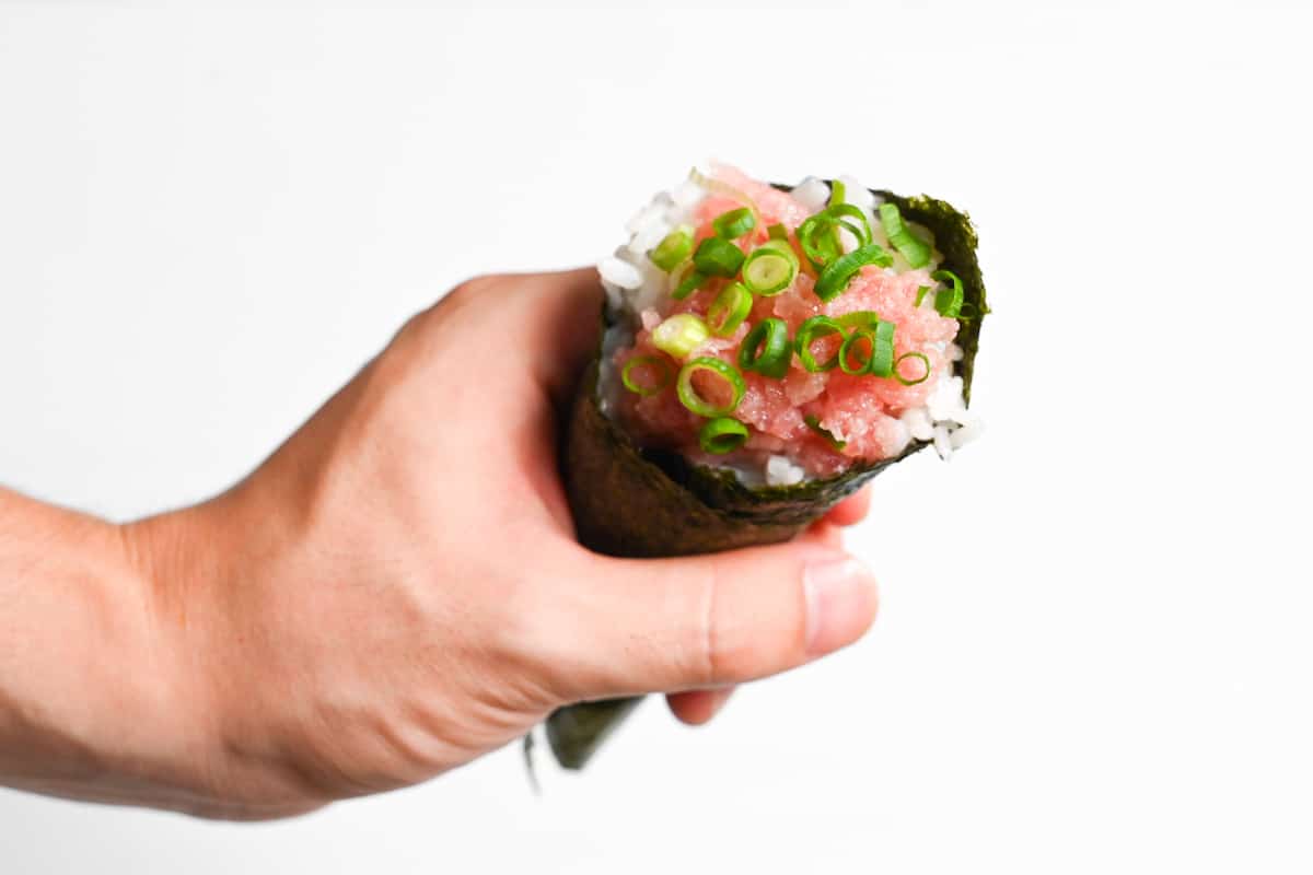 negitoro minced raw tuna and spring onion temaki sushi hand roll