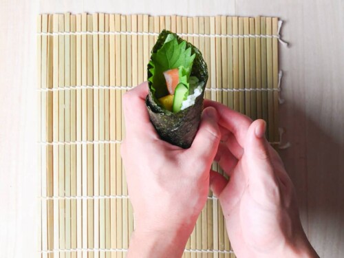 completed temaki sushi hand roll