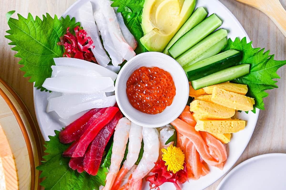 A selection of seafood and vegetables to use for temaki sushi hand rolls